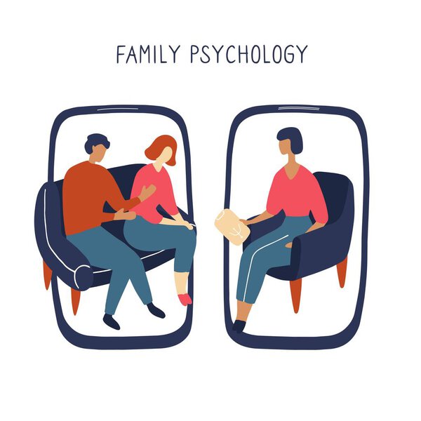 Семейный психолог. Онлайн-консультации для пары. Пациенты на психологической консультации. Плоские каракули.
