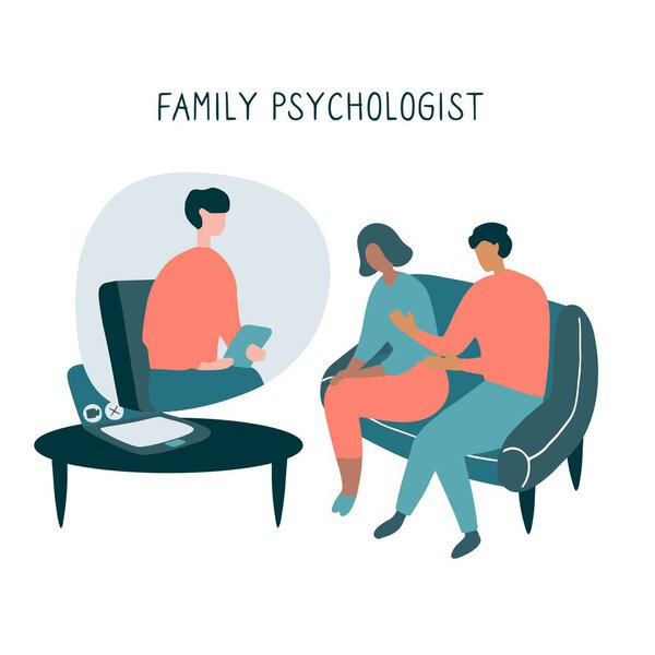 Семейный психолог. Онлайн-консультации для пары. Пациенты на психологической консультации. Плоская векторная иллюстрация.