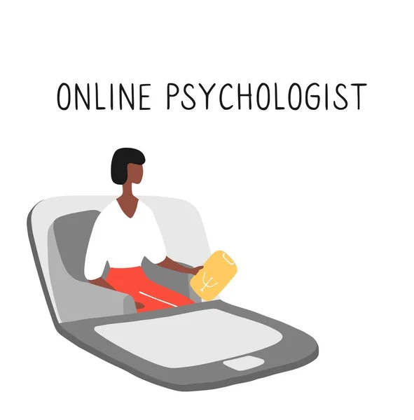 在线心理治疗练习 远程心理帮助 心理医生咨询病人 精神保健和治疗 手绘矢量图解 — 图库矢量图片