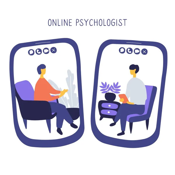 医生和病人通过视频通话进行交流 在线精神病医生的概念 智能手机屏幕上的两个人在互相交谈 手绘矢量图解 — 图库矢量图片