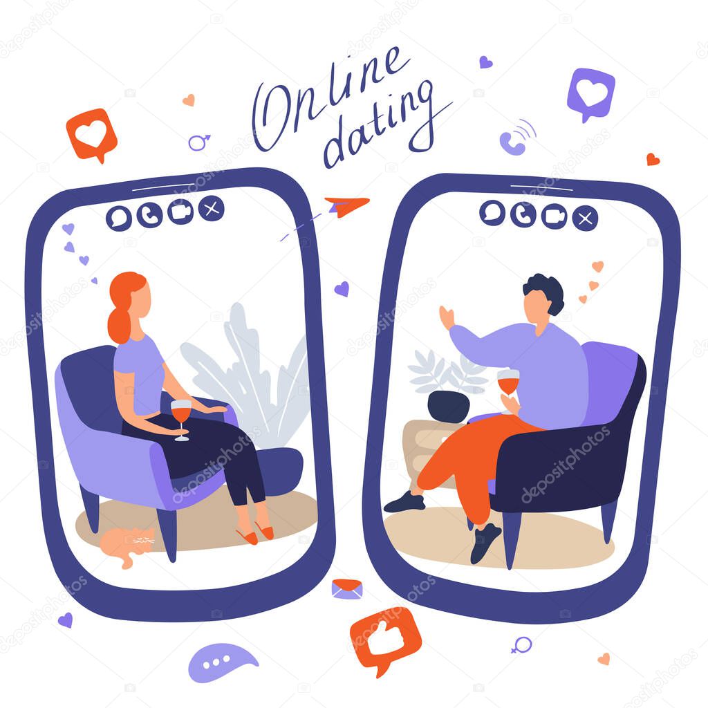 Tablet screens where people communicate through online messenger. Heterosexual couple met on internet app. International marriages and relationships created over Internet and social media. Flat vector