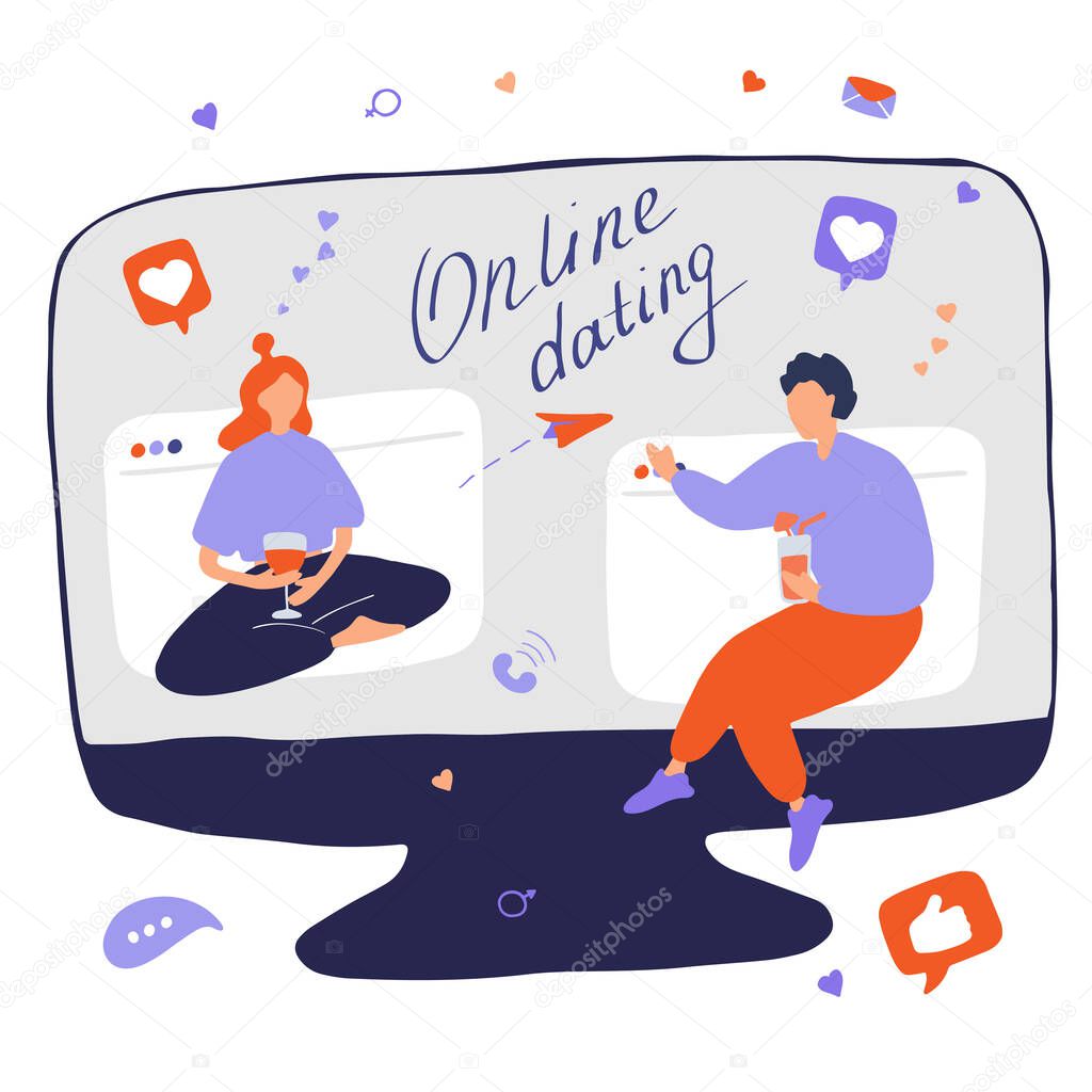 Internet dating. Internet flirting and relationships. Mobile service, application for meeting foreigners. Flat vector illustration.