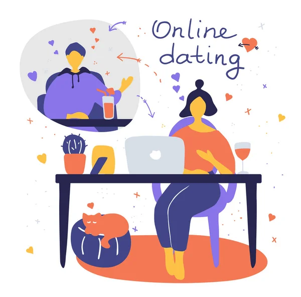 전염병이 창궐하는 온라인 온라인에서 데이트 사이트에 추파를 던지는 남자와 데이트 — 스톡 벡터