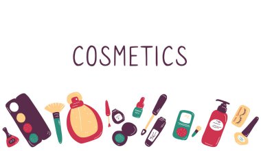 Makyaj ve güzellik sembolleri seti. Cilt bakımı ve yüz bakımı için çeşitli ürünlerin kadın koleksiyonu. El çizimi düz vektör çizimi.