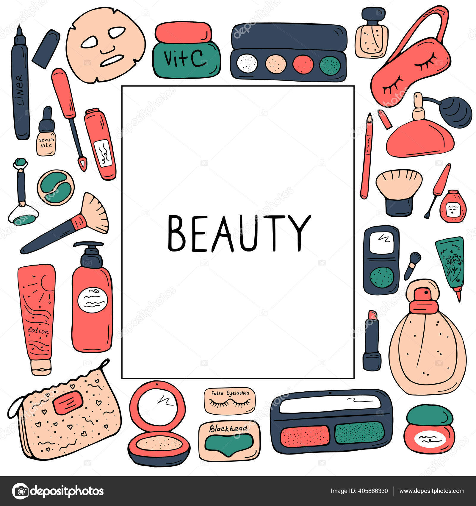 Beleza maquiagem e objetos de tempo kawaii doodles