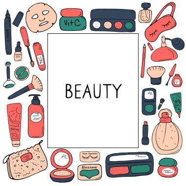 Kart, poster, afiş, çıkartma, katalog, kitap için güzellik seti. Kozmetik mağazası için makyaj ve cilt bakım ürünleri, online dükkan. Yazdırma ve ağ için sevimli simgeler. Vektör illüstrasyonu.