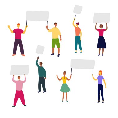 Ellerinde pankartlar olan insanlar. Farklı cinsiyet ve ırktan insanlardan oluşan bir grupta posterler ve afişler asılı. Reklam, protesto, ralli, temyiz konsepti. Düz vektör illüstrasyonu.