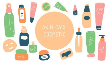 Cilt bakım kozmetik seti. Günlük rutin güzellik ürünleri. Güzel el çizimi kozmetik ambalajı. Vektör düz resimleme.