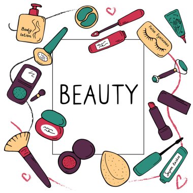 Güzellik posteri. Kozmetik, kart, pankart, kitap, katalog, baskı, internet için cilt bakımı konsepti. Farklı makyaj ürünleri ve fotokopi alanı. Modern düz vektör illüstrasyonu.