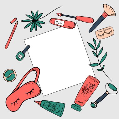 Kozmetik şablonu. Makyaj ve cilt bakımı. Boş çarşaf ve makyaj seti. Modern düz vektör illüstrasyonu.