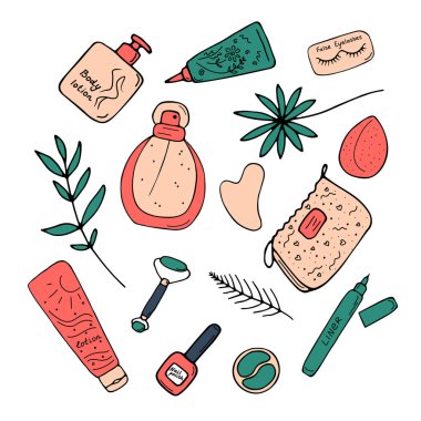 Güzel kozmetik posteri. Makyaj ve cilt bakım ürünleri modern düz stil. Kadınsı, kadınsı bir kavram. Vektör illüstrasyonu.