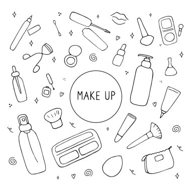 Güzel makyaj ve cilt bakımı ikonları. Güzellik için ürünler ve aksesuarlar. Basit kadın işaretleri. Görüntü elementleri. El çizimi vektör grafiği