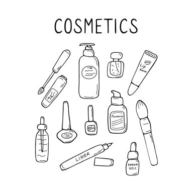 Güzel makyaj ve cilt bakımı ikonları. Güzellik için ürünler ve aksesuarlar. Basit kadın işaretleri. Görüntü elementleri. El çizimi vektör grafiği.