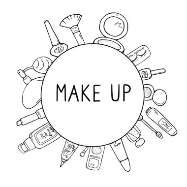 Çizgili kozmetik ikonlu güzellik dairesi posteri. Makyaj aletleri ve dekoratif kozmetik ürünler. Eskiz geçmişi. El çizimi vektör illüstrasyonu.