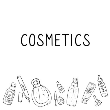 Makyaj ikonları. Kozmetik ürünler ve aksesuarlar skeci. Moda makyaj afişi. Basit, şirin güzellik öğeleri. El çizimi karalama vektörü çizimi.