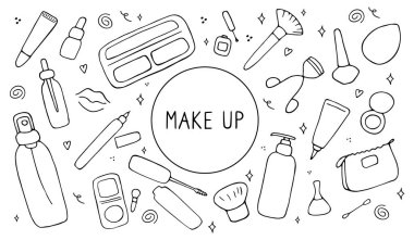 Makyaj ve güzellik sembolleri seti. Cilt bakımı ve yüz bakımı için çeşitli ürünlerin kadın koleksiyonu. El çizimi vektör illüstrasyonu.