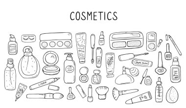 Makyaj ve güzellik sembolleri seti. Cilt bakımı ve yüz bakımı için çeşitli ürünlerin kadın koleksiyonu. El çizimi vektör illüstrasyonu.