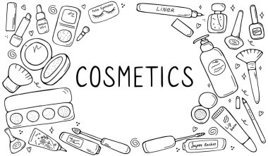 Kozmetik ürünleri ve aksesuarları olan sevimli bir karalama çerçevesi. El çizimi görüntüler, maskara, göz farı kremi fondöten fırçası. Makyaj aletleri ve ürünler. Vektör el çizimi resimleme.