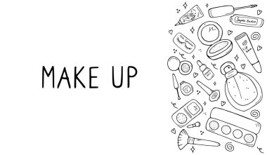 Makyaj ve güzellik sembolleri seti. Cilt bakımı ve yüz bakımı için çeşitli ürünlerin kadın koleksiyonu. El çizimi vektör illüstrasyonu.