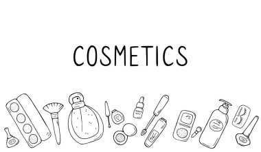 Makyaj ikonları. Kozmetik ürünler ve aksesuarlar skeci. Moda makyaj afişi. Basit, şirin güzellik öğeleri. El çizimi karalama vektörü çizimi.