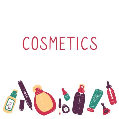 Makyaj ve güzellik sembolleri seti. Cilt bakımı ve yüz bakımı için çeşitli ürünlerin kadın koleksiyonu. El çizimi düz vektör çizimi.