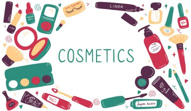 Kozmetik ürünleri ve aksesuarları olan sevimli bir karalama çerçevesi. El çizimi görüntüler, maskara, göz farı kremi fondöten fırçası. Makyaj aletleri ve ürünler. Vektör el çizimi resimleme.