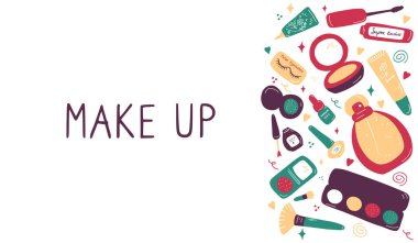 Makyaj ve güzellik sembolleri seti. Cilt bakımı ve yüz bakımı için çeşitli ürünlerin kadın koleksiyonu. El çizimi düz vektör çizimi.