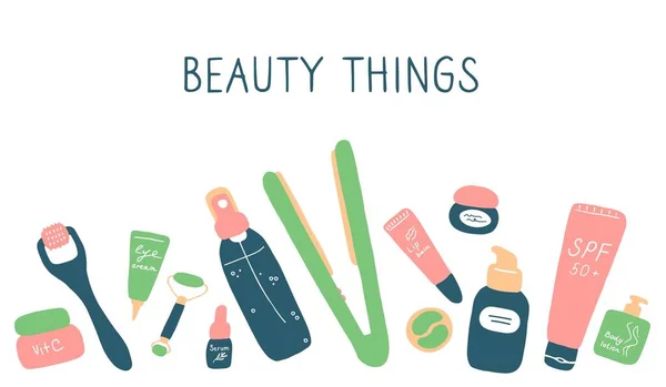 Krásné Věci Výrobky Kosmetika Nástroje Pro Krásu Péče Pleť Tělo — Stockový vektor
