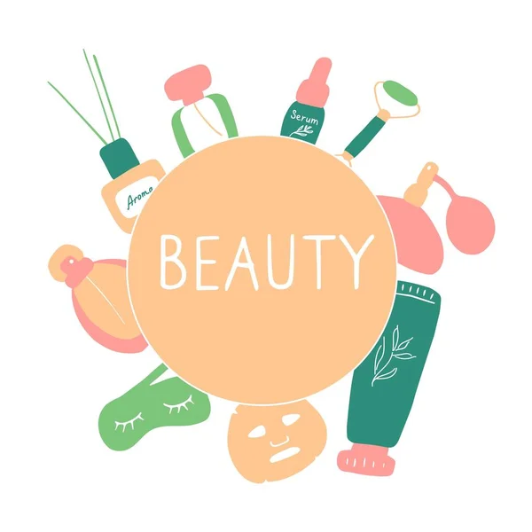 Salón Belleza Elementos Para Cuidado Piel Productos Cosméticos Herramientas Belleza — Vector de stock