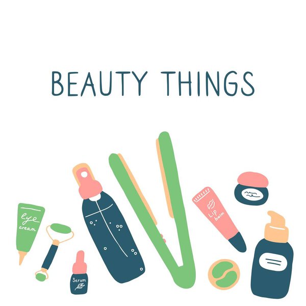 Beauty things. Products, cosmetics, tools devices for beauty. Skin, body and hair care. Vector flat illustration.