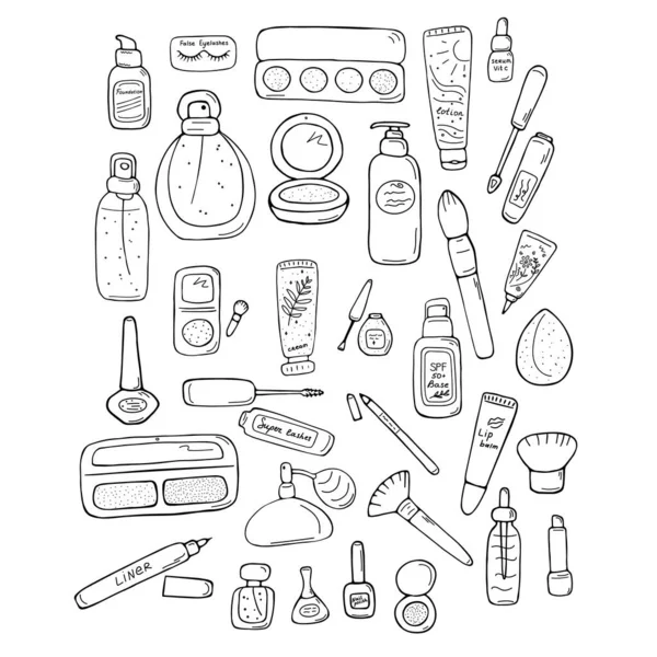 Görüntü ayarlandı. Makyaj ve güzellik öğeleri. Cilt Bakımı Kozmetik ve Dekorasyon. El çizimi karalama vektörü çizimi.