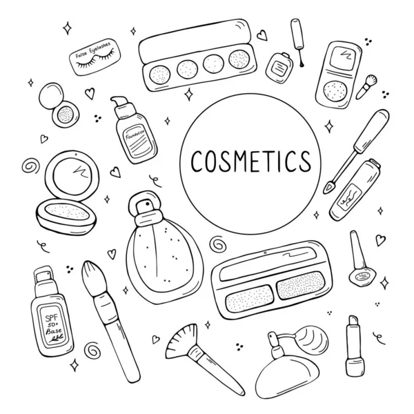 Ensemble Icônes Maquillage Produits Cosmétiques Accessoires Croquis Bannière Maquillage Mode — Image vectorielle