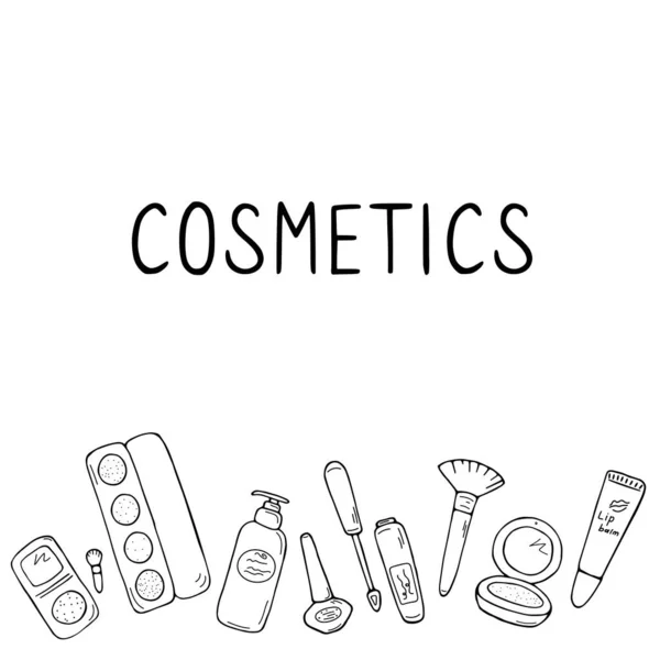 Ensemble Icônes Maquillage Produits Cosmétiques Accessoires Croquis Bannière Maquillage Mode — Image vectorielle