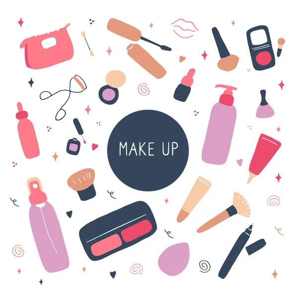 Lindo Maquillaje Cuidado Piel Iconos Productos Accesorios Para Belleza Sencillos — Archivo Imágenes Vectoriales