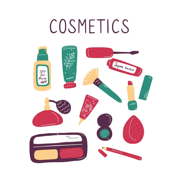 Ensemble Icônes Maquillage Produits Cosmétiques Accessoires Croquis Bannière Maquillage Mode — Image vectorielle