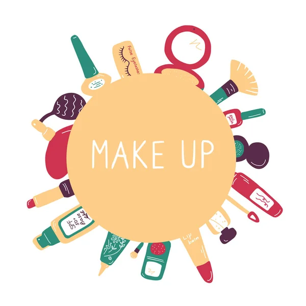 Skönhet Cirkel Affisch Med Linje Kosmetiska Ikoner Uppsättning Makeup Verktyg — Stock vektor