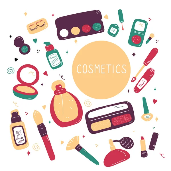 Ensemble Icônes Maquillage Produits Cosmétiques Accessoires Croquis Bannière Maquillage Mode — Image vectorielle