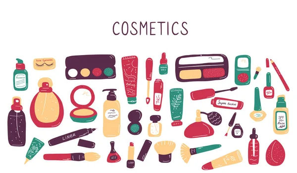 Visage Réglé Maquillage Éléments Beauté Soins Peau Cosmétiques Décorations Illustration — Image vectorielle