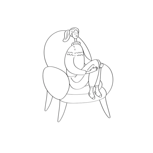 Счастливая молодая женщина сидит в кресле. Уютный домашний отдых. Линейная рисованная векторная иллюстрация — стоковый вектор