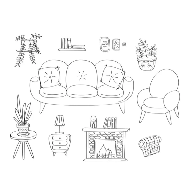 Éléments intérieurs. Détails de la maison confortable. Canapé fauteuil cheminée, table, plantes à la maison. Graphique vectoriel linéaire dessiné à la main — Image vectorielle