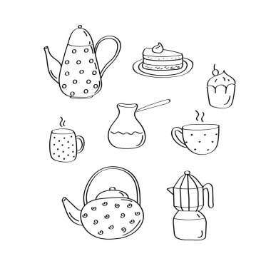 Çaydanlık ve bardak koleksiyonu. Çay zamanı karalama elementleri. Doğrusal vektör çizimi
