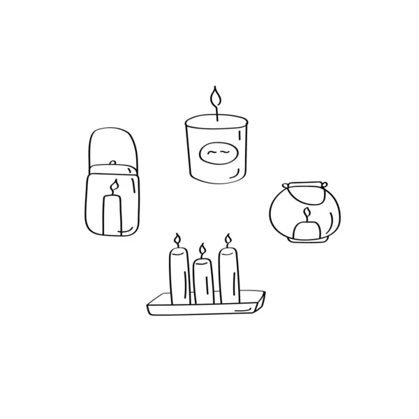 Conjunto de velas desenhadas à mão. Interior elementos aconchegantes. ilustração vetorial doodle linear — Vetor de Stock