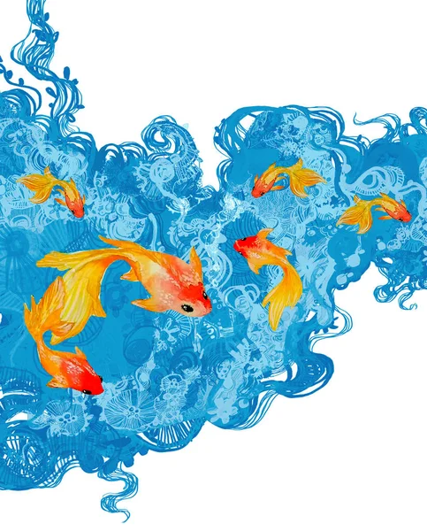 The isolated graphic drawing - a wave and goldfishes