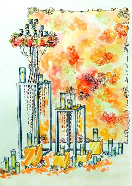 Dibujo Acuarela Decoración Para Unas Vacaciones Con Velas Flores — Foto de Stock