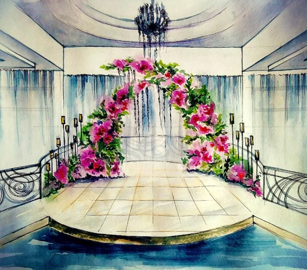 Dibujo Acuarela Decoración Para Unas Vacaciones Con Arco Flores — Foto de Stock