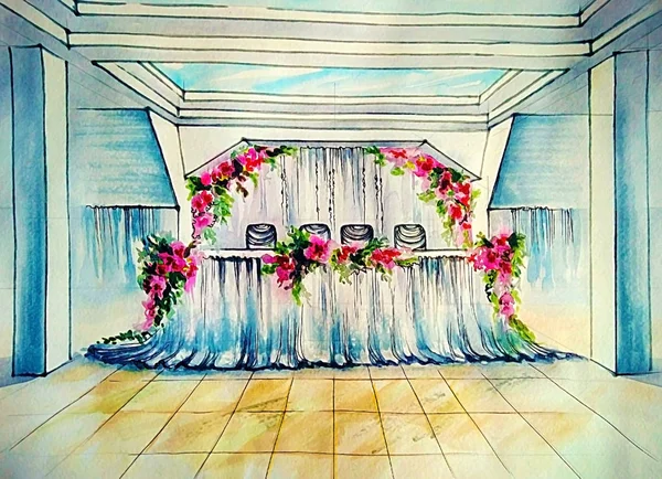 Akvarel Dekorace Pro Dovolenou Květinami Stole — Stock fotografie