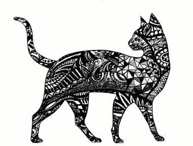 Beyaz bir arka plan üzerinde siyah bir süsleme ile bir kedi silüeti 