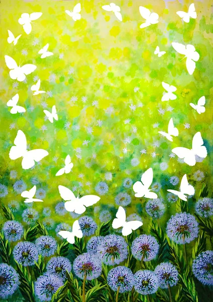 Pozadí Akvarel Kresba Pole Pampelišky Osvětlena Sluncem Bílé Siluety Motýli — Stock fotografie