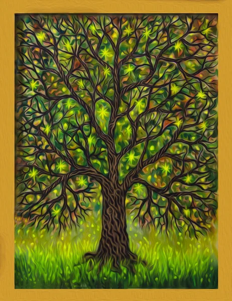 Dekorativní Strom Zelenou Korunu Dlouhé Větve Hvězdy Hoří Listoví Olejomalba — Stock fotografie