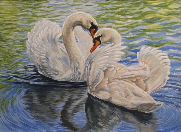 A couple of swans swimming in the water - oil painting